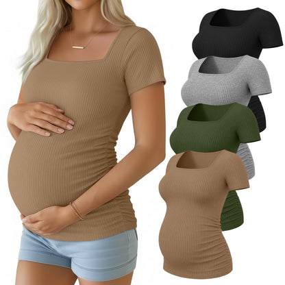 Huukeay 4 Pack Women's Maternity Shirts Cotton Ribbed Short Sleeve Square Neck Pregnancy Tops Side Ruched Summer Tee