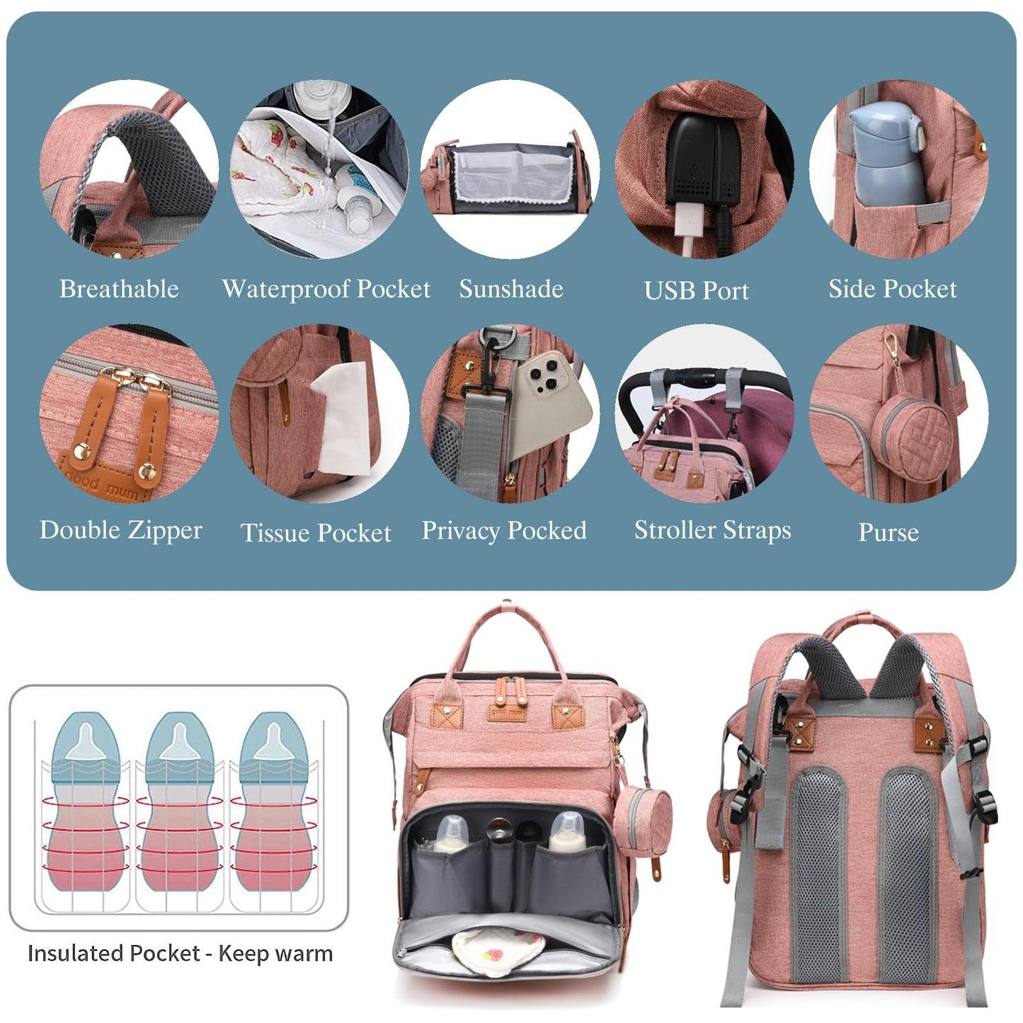 Jeryswet Baby Diaper Bags with Changing Station, Waterproof Large Capacity Diaper Bag Backpack for Moms Dads with USB Charging Port and Stroller Straps, Baby Shower Gifts, Grey