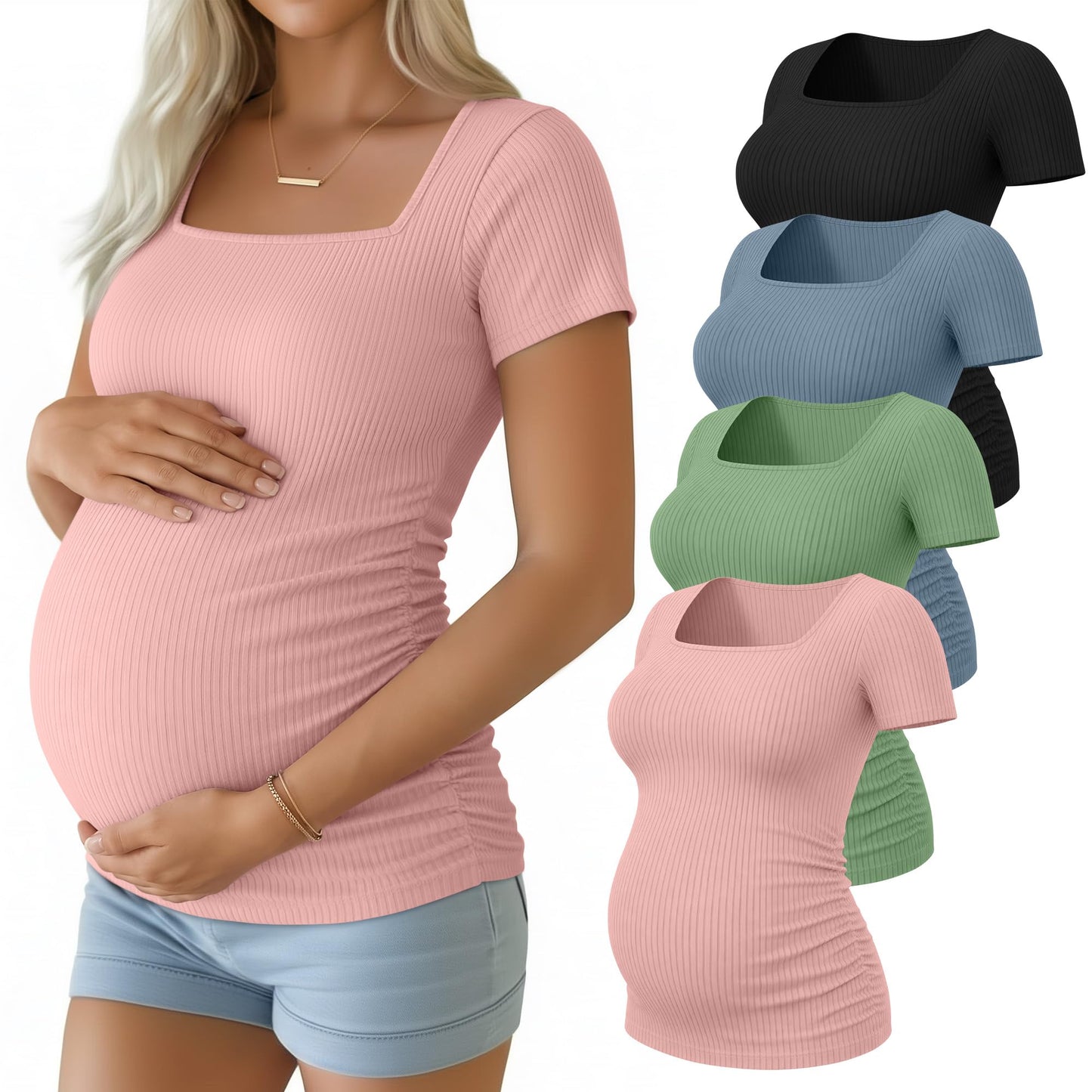 Huukeay 4 Pack Women's Maternity Shirts Cotton Ribbed Short Sleeve Square Neck Pregnancy Tops Side Ruched Summer Tee