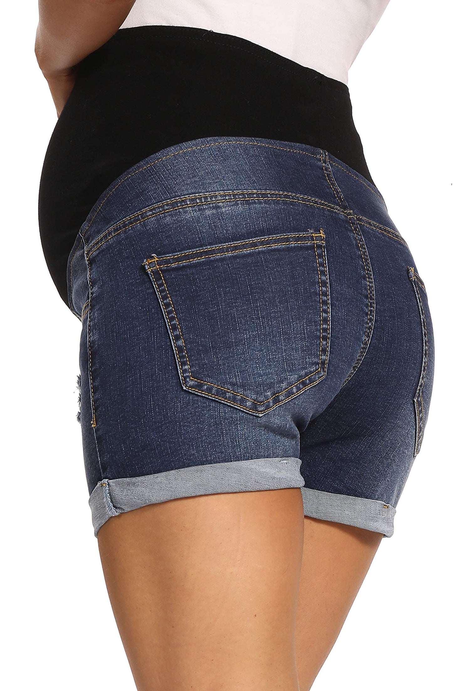 V VOCNI Maternity Denim Shorts Women's Summer High Waist Distressed Cuffed Hem Casual Denim Jean Shorts