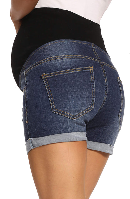 V VOCNI Maternity Denim Shorts Women's Summer High Waist Distressed Cuffed Hem Casual Denim Jean Shorts