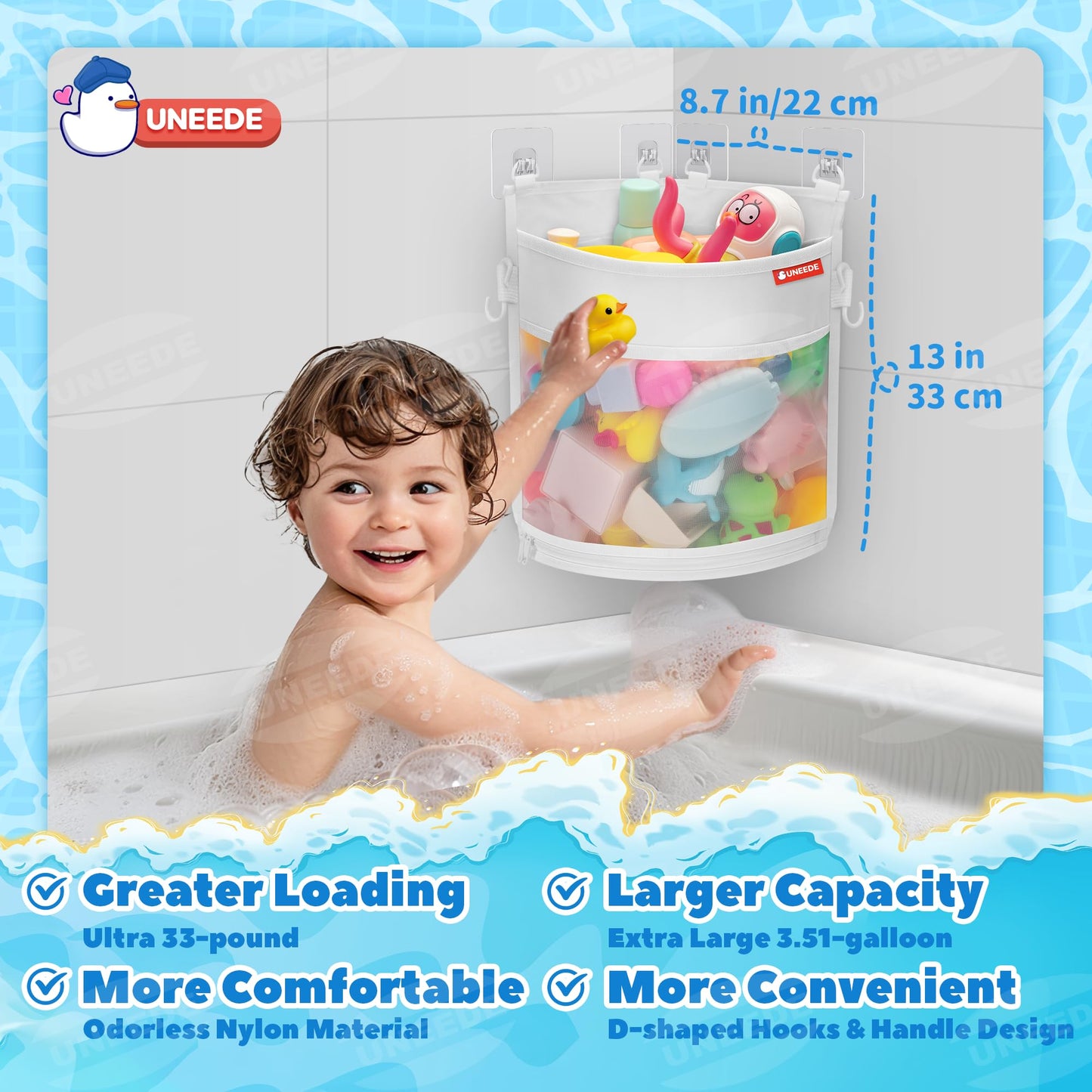 UNEEDE 4.32 Gallons Corner Mounted Bath Toy Storage Holder, Mesh Shower Caddy for Bathtub Organizer, Quick Dry Holder