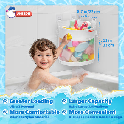 UNEEDE 4.32 Gallons Corner Mounted Bath Toy Storage Holder, Mesh Shower Caddy for Bathtub Organizer, Quick Dry Holder
