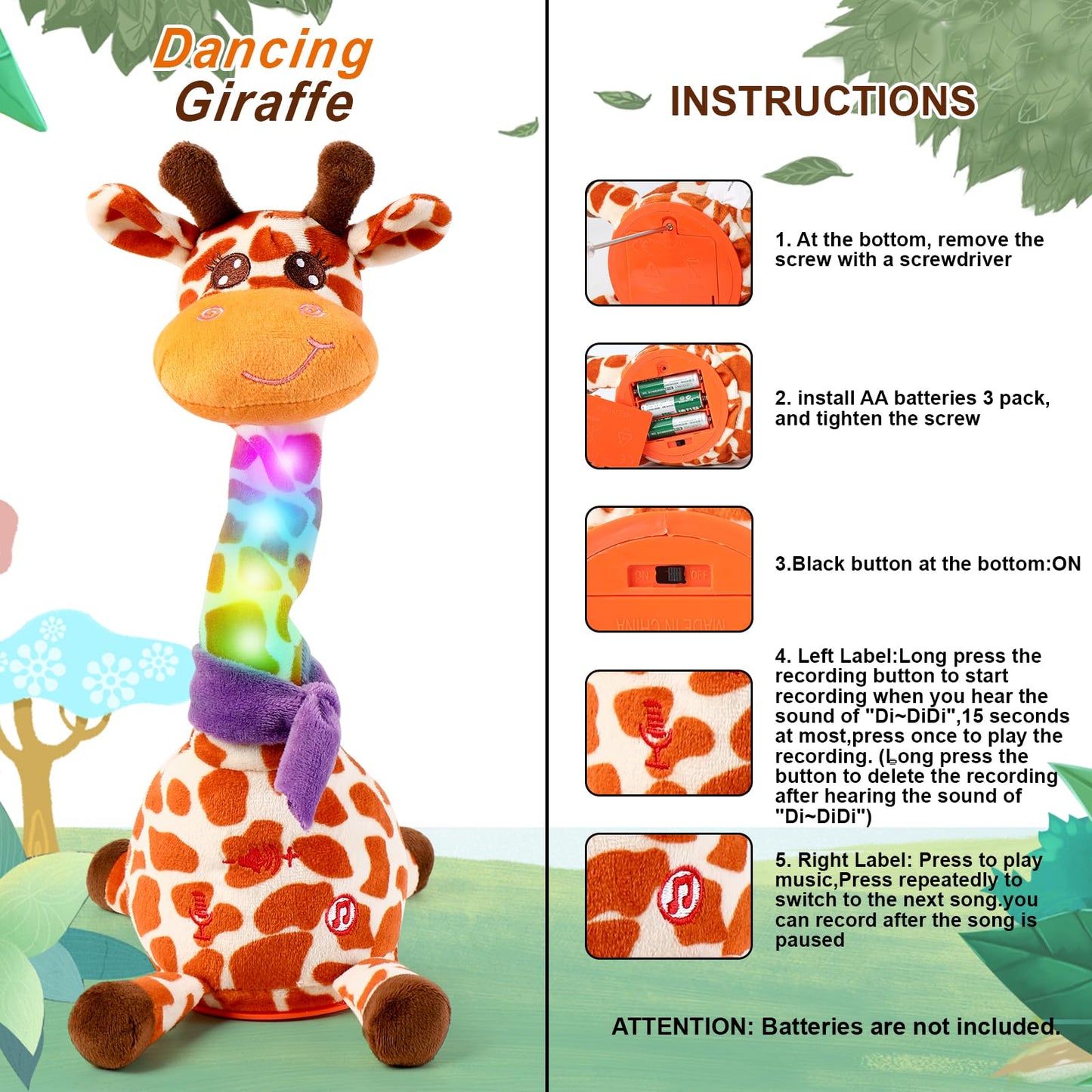 Emoin Dancing Talking Giraffe Baby Toy, Adjustable Volume Baby Giraffe Toys Singing 10 Children's Songs Singing Mimicking Recording Repeating What You Say for Toddlers