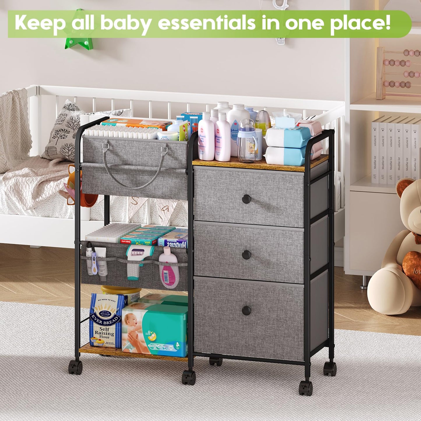 Cidaziya 2In1 Baby Diaper Caddy Organizers and Storage, 3 Tier Rolling Cart with Dividers and Drawers, Mobile Utility Cart Baby Dresser Clothes Organizer for Changing Table, Crib Nursery, Bedroom