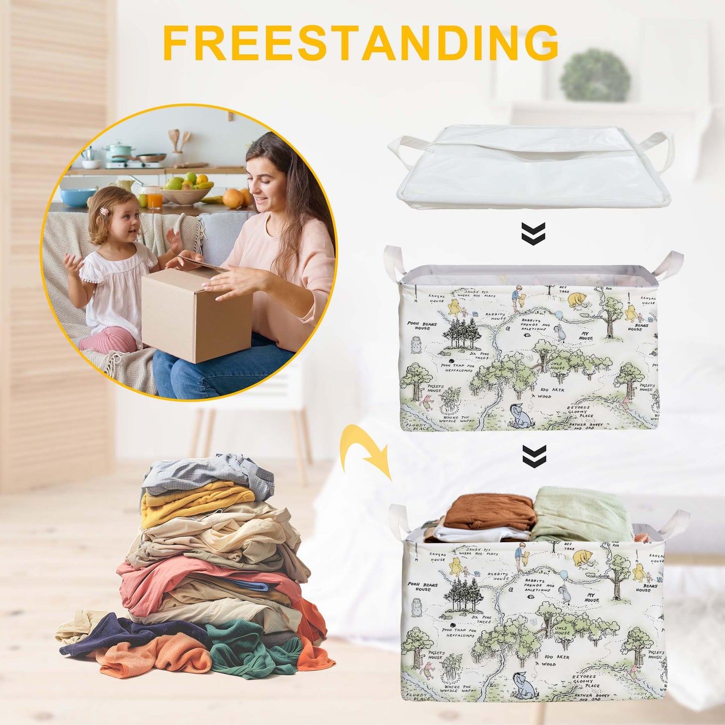 Winnie Nursery Decor, the Pooh Baby Stuff, Winnie Storage Nursery Basket, Large squarecanvas Laundry Hamper With A Waterproof PECoating, Foldable, Toys Bin, Baby Nursery HamperDecor, Star
