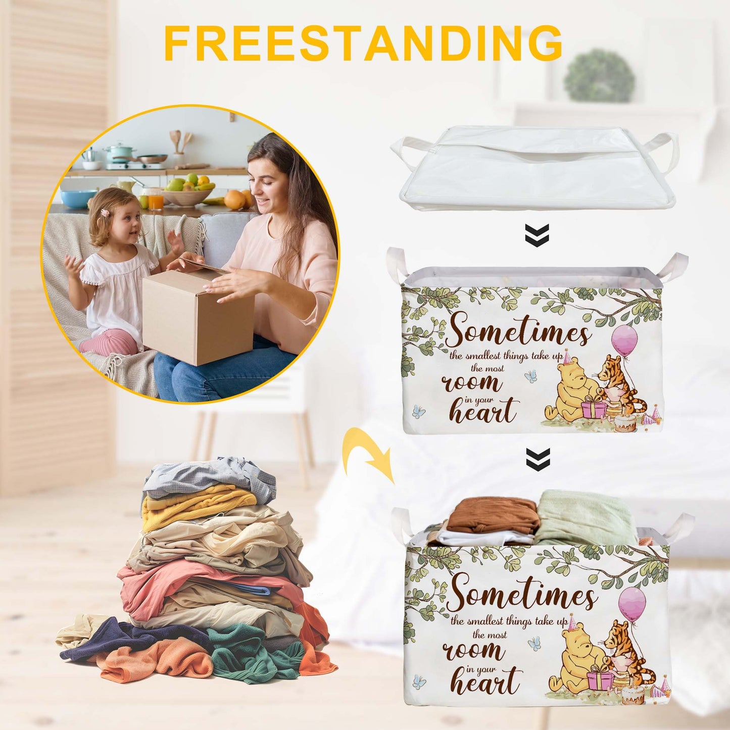 Winnie Nursery Decor, the Pooh Baby Stuff, Winnie Storage Nursery Basket, Large squarecanvas Laundry Hamper With A Waterproof PECoating, Foldable, Toys Bin, Baby Nursery HamperDecor, Star