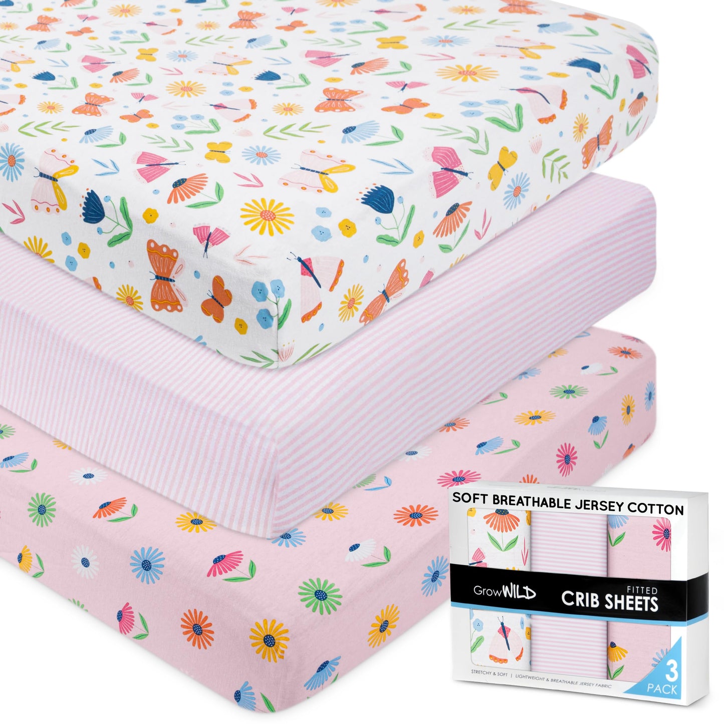GROW WILD Unicorns & Rainbows Fitted Crib Sheets Girl (3 Pack) - Soft Jersey Cotton Fitted Sheet, Toddler Bed Mattress & Baby Crib Bedding Set for Girls, Baby Girl Nursery Crib - Pink, Purple & White