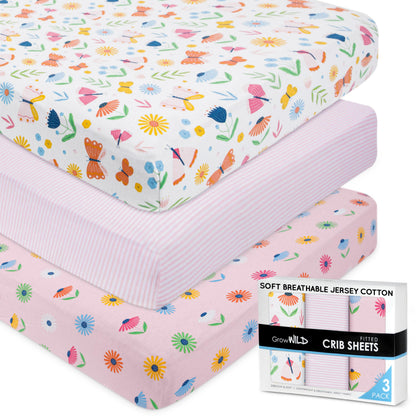 GROW WILD Unicorns & Rainbows Fitted Crib Sheets Girl (3 Pack) - Soft Jersey Cotton Fitted Sheet, Toddler Bed Mattress & Baby Crib Bedding Set for Girls, Baby Girl Nursery Crib - Pink, Purple & White