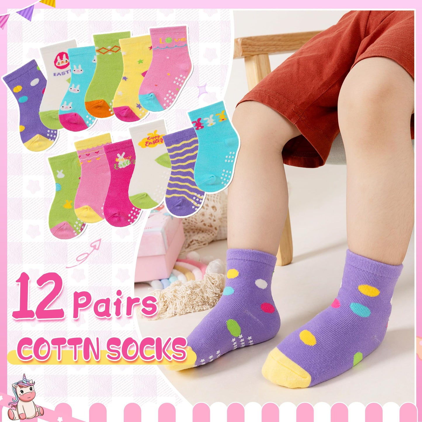 Toddler Non Slip Grips Socks Kids Anti Skid Baby Boys Girls Cotton Crew Socks 12 Pairs