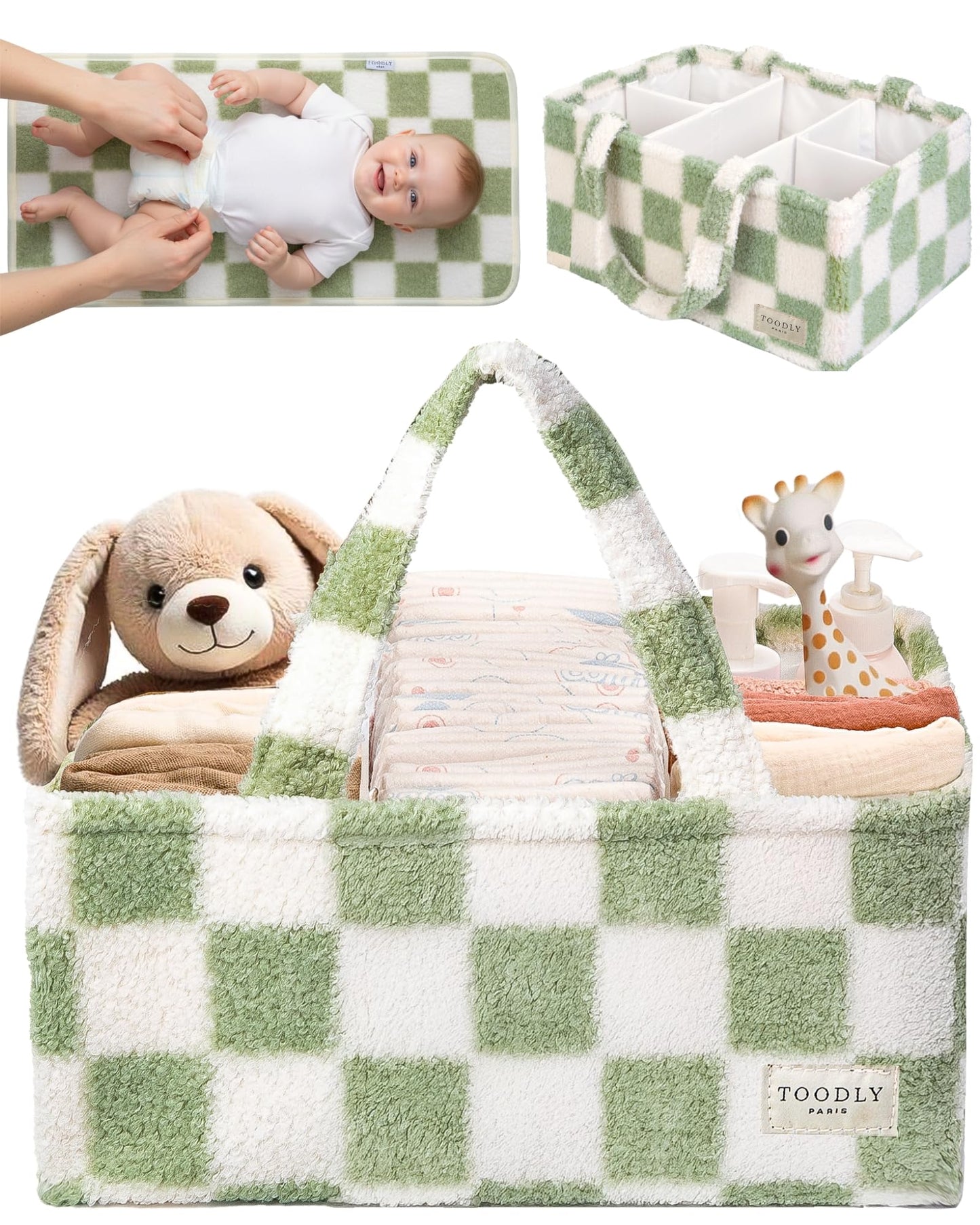 Baby Diaper Caddy Organizer with Portable Changing Mat - Teddy Fleece Diaper Organizer for Changing Table - Basket for Changing Essentials - Baby Essentials Organizer with Removable Dividers