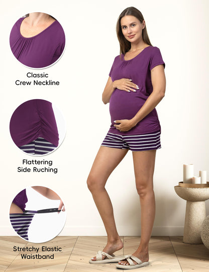 SUNNYBUY Womens Maternity Nursing Pajamas Set, Short Sleeve Breastfeeding Shirts，Pregnancy Shorts & Pants 3 Piece Nursing PJS