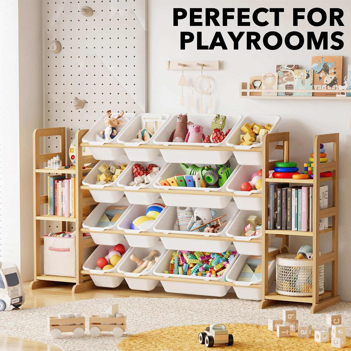 SpaceAid Toy Storage Organizer with 6 Shelves and 12 Bins, Bookshelf/Bookcase, Kids Bin Shelf, Toys Box for Playroom Organization for Bedroom & Room Decor, White, 52.3" W