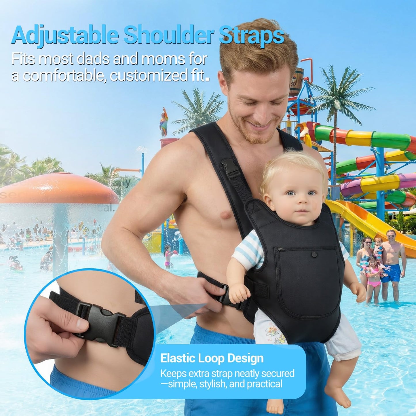 Neoprene Water Baby Carrier Newborn to Toddler, Ergonomic Waterproof Infant Chest Holder with Adjustable Straps, Breathable & Lightweight Baby Wearing Gear for Summer Pool Swimming & Beach