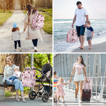 Diaper Bag Backpack, Baby Girl Diaper Bag for Mom, Large Pink Floral Diaper Bag Backpack for Girls, Waterproof Mom Backpack for Work Travel Holiday with Insulated Pockets and Stroller Straps