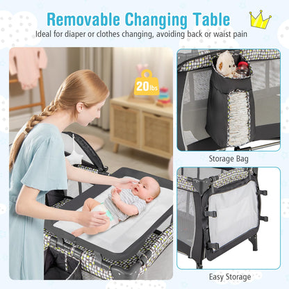 BABY JOY 4 in 1 Pack and Play with Canopy, Portable Baby Playard with Bassinet, Double-Layer Baby Crib, Wheels & Brake, Foldable Baby Girl Pink Princess Bassinet from Newborn to Toddler