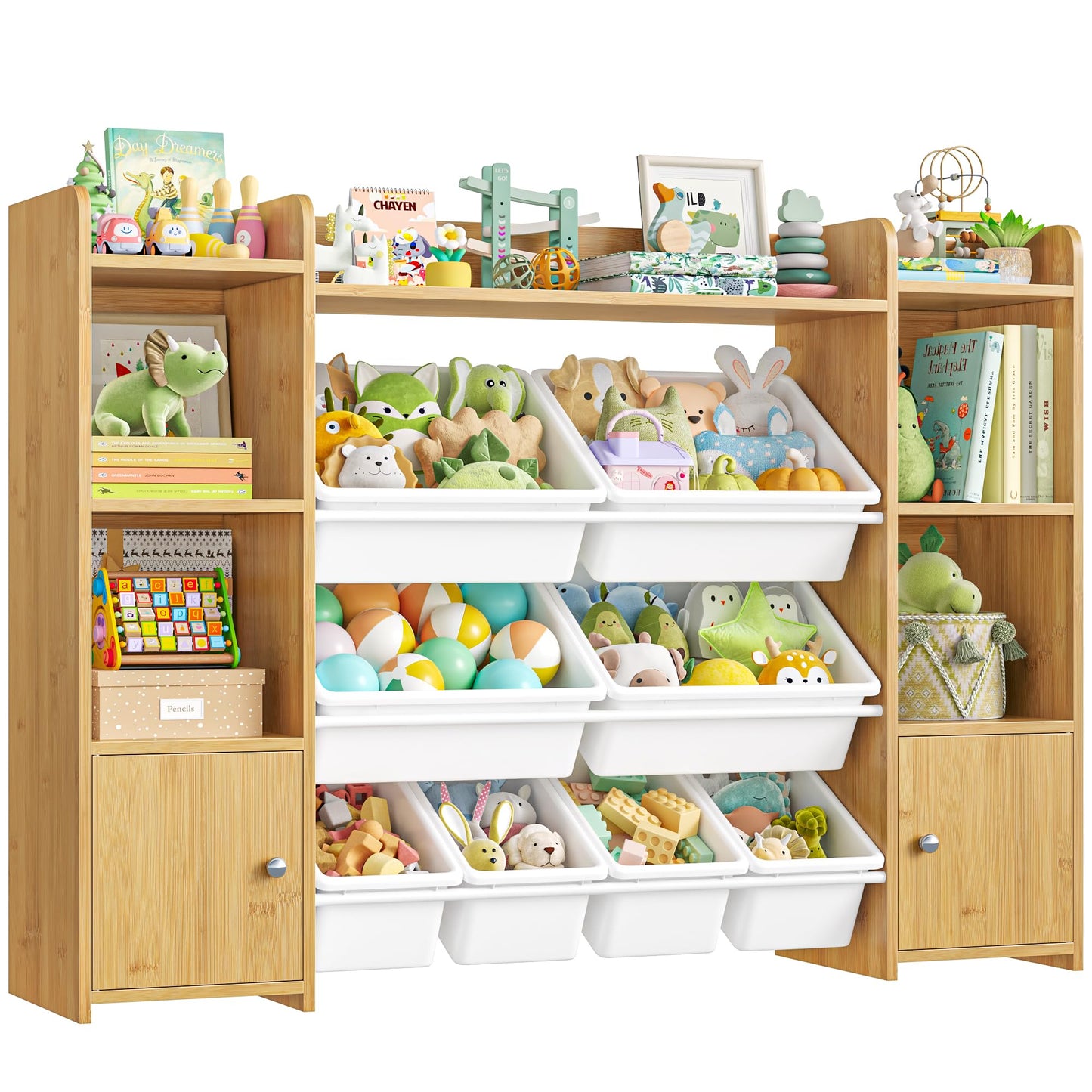 FOTOSOK Toy Storage Organizer with 8 Toy Bins, 55''Large Toy Organizers and Storage with Top Shelf, Toy Storage and Kids Bookshelf with 6 Storage Cubbies, Playroom Storage and Organization Bins, White