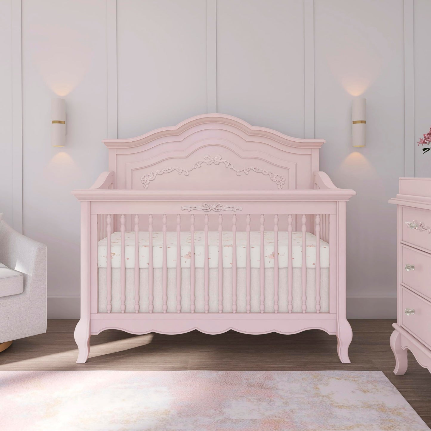Evolur Aurora 5-in-1 Convertible Full-Size Baby Crib in Ivory Lace, GreenGuard Gold & JPMA, 3 Mattress HeightsRibbon Bow Scrollwork & Queen Anne Feet, Converts to Toddler, Day & Full-Size Bed