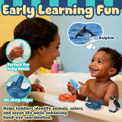 6-Pcs Ocean Bath Toys for Toddlers 1-3, No Hole Mold Free Bathtub Toys, Whale Shark Dolphin Penguin Sea Animal Set for Baby Bath Time or Pool Water Play