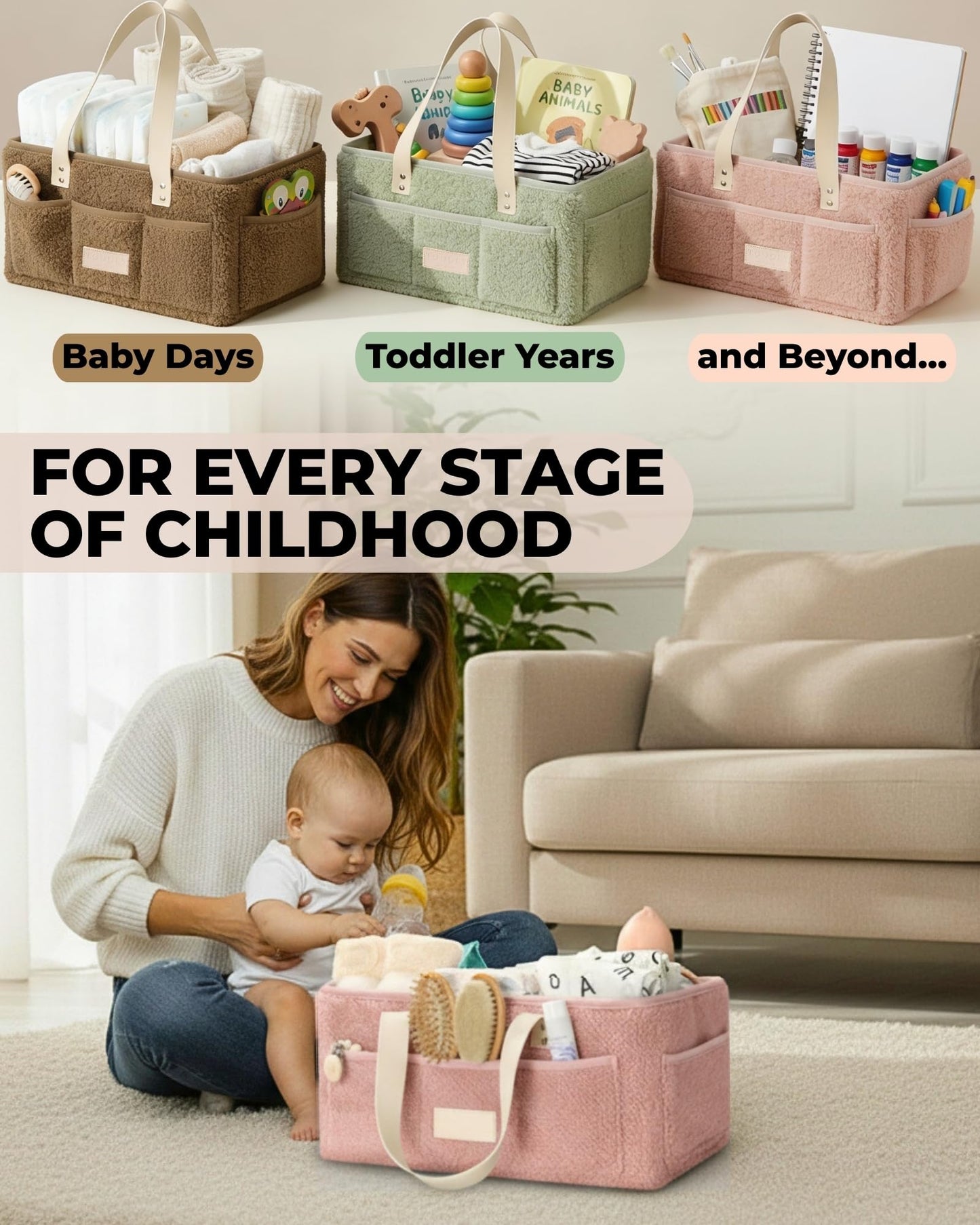 Baby Diaper Caddy Organizer with Portable Changing Mat - Teddy Fleece Diaper Organizer for Changing Table - Basket for Changing Essentials - Baby Essentials Organizer with Removable Dividers