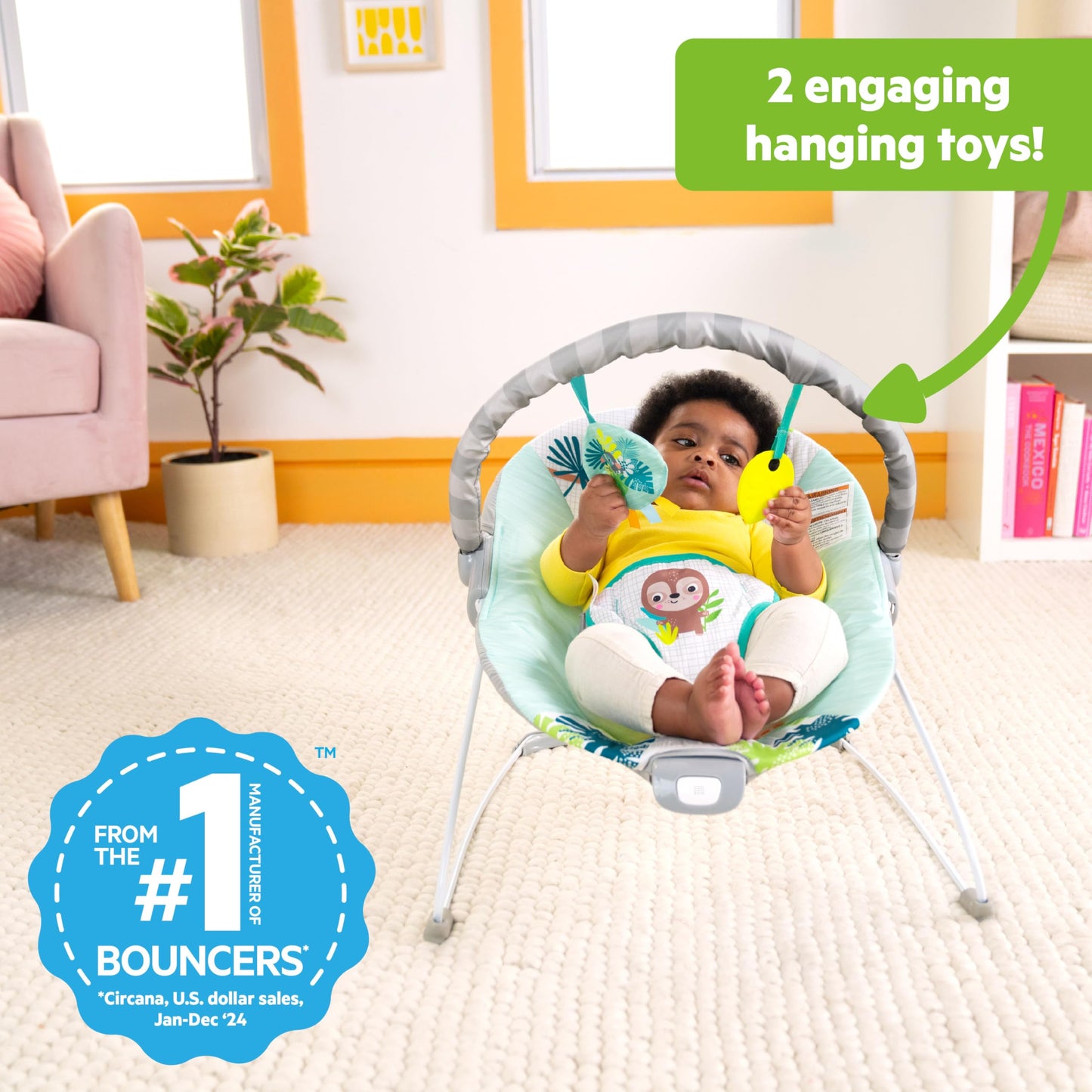 Bright Starts Baby Bouncer Soothing Vibrations Infant Seat - Removable -Toy Bar, Nonslip Feet, 0-6 Months Up to 20 lbs (Safari Fun)