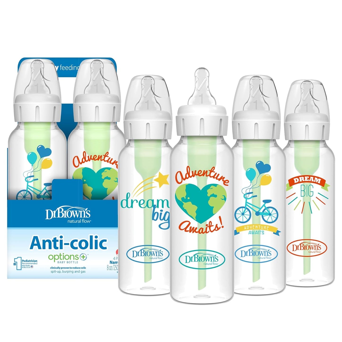 Dr. Brown's Natural Flow Anti-Colic Options+ Narrow Baby Bottle, 8 oz/250 mL, with Level 1 Slow Flow Nipples, 0m+, 4 Pack