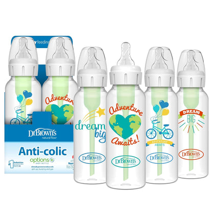 Dr. Brown's Natural Flow Anti-Colic Options+ Narrow Baby Bottle, 8 oz/250 mL, with Level 1 Slow Flow Nipples, 0m+, 4 Pack