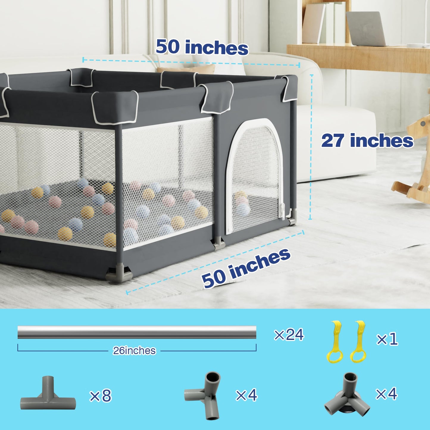 Foldable Baby Playpen - 50"x50" Safety Play Yard for Babies & Toddlers - Indoor & Outdoor Use with Carry Bag - Collapsible, Portable Play Yard, Dark Gray