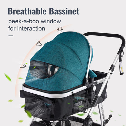 Hagaday Baby Stroller, 2-in-1 Reversible Toddler Seat with Bassinet Mode, Foldable Infant Stroller with Canopy, One Button Brake, Adjustable Handle, Newborn Pushchair(Blue)