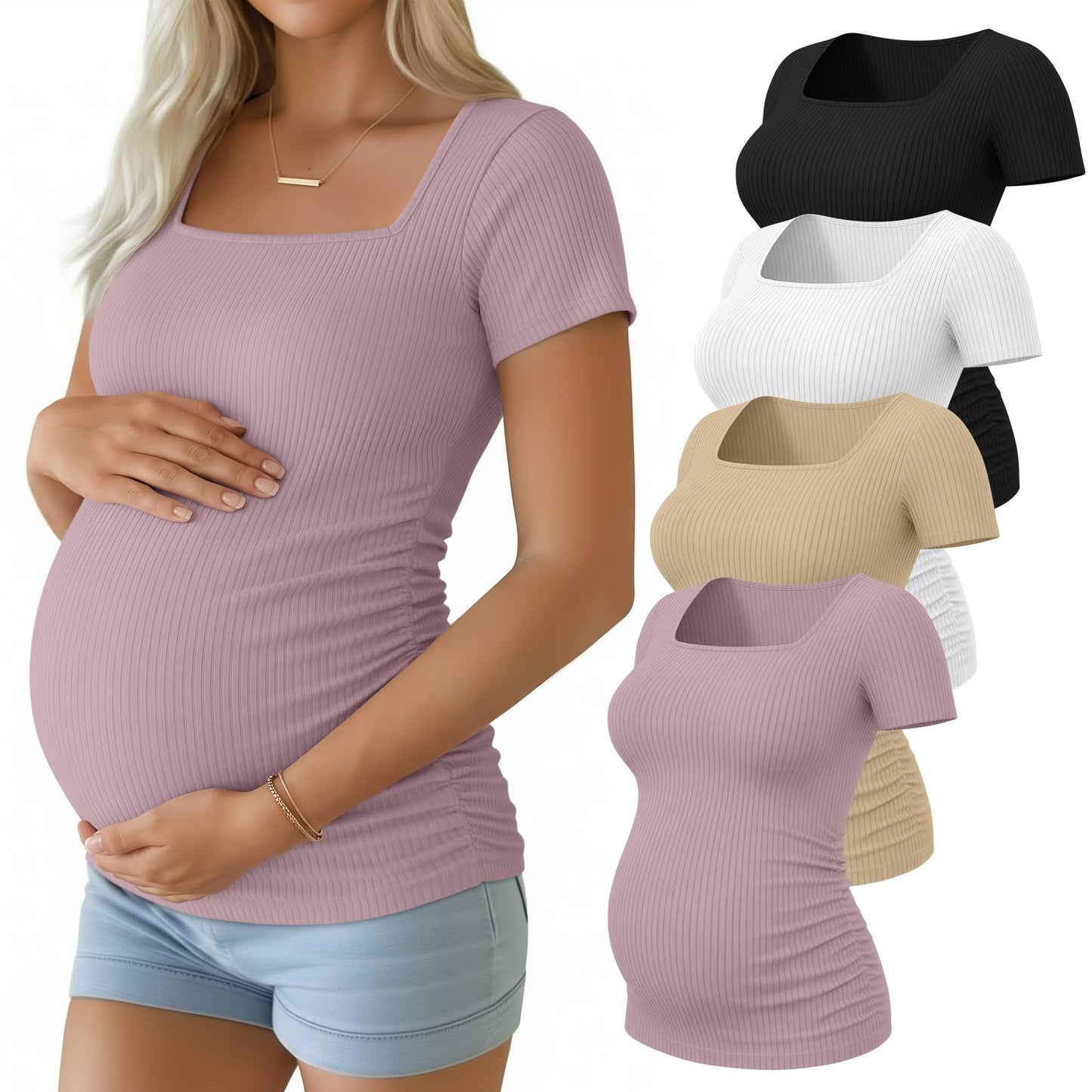 Huukeay 4 Pack Women's Maternity Shirts Cotton Ribbed Short Sleeve Square Neck Pregnancy Tops Side Ruched Summer Tee