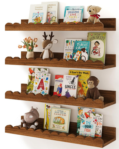 Shario Nursery Book Shelves, 4-Pack White Floating Shelves for Wall Kids, Scalloped Shelves, Wall Book Shelves for Bedroom Kids, Toddler Room, Baby Room, Nursery Decor