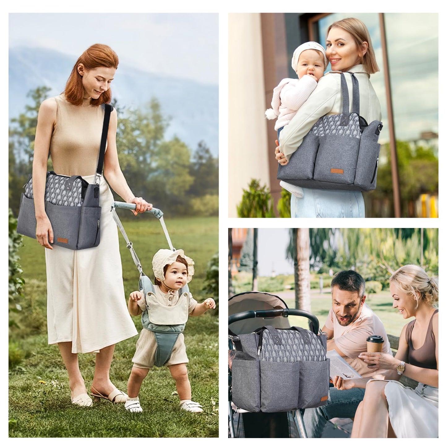 Lekebaby Diaper Bag Tote, 17 Pockets Large Travel Diaper Tote Waterproof with Portable Changing Pad, Mom Crossbody Hospital Bag for Labor Delivery, Baby Essentials for Newborn Gifts, Grey