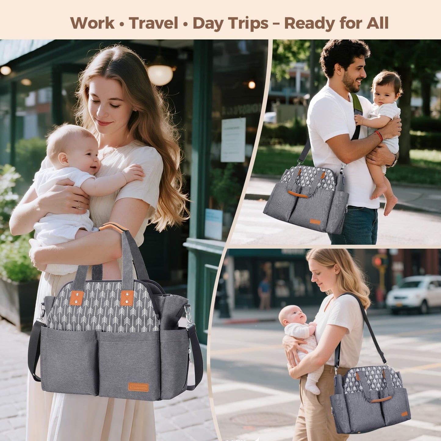 Lekebaby Diaper Bag Tote, 17 Pockets Large Travel Diaper Tote Waterproof with Portable Changing Pad, Mom Crossbody Hospital Bag for Labor Delivery, Baby Essentials for Newborn Gifts, Grey