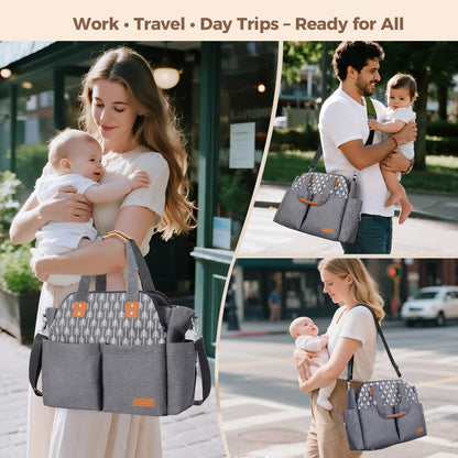 Lekebaby Diaper Bag Tote, 17 Pockets Large Travel Diaper Tote Waterproof with Portable Changing Pad, Mom Crossbody Hospital Bag for Labor Delivery, Baby Essentials for Newborn Gifts, Grey