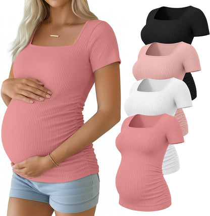 Huukeay 4 Pack Women's Maternity Shirts Cotton Ribbed Short Sleeve Square Neck Pregnancy Tops Side Ruched Summer Tee