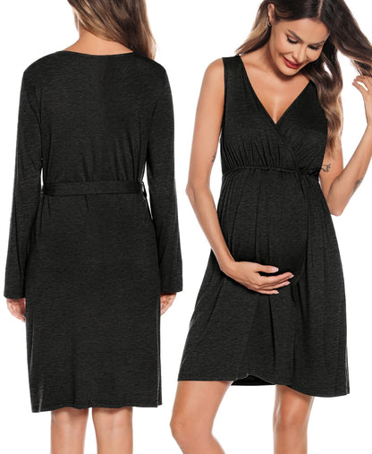 SWOMOG Women Maternity Nursing Gown and Robe Set 3 in 1 Labor Delivery Nursing Nightgown for Breastfeeding Hospital Bathrobe