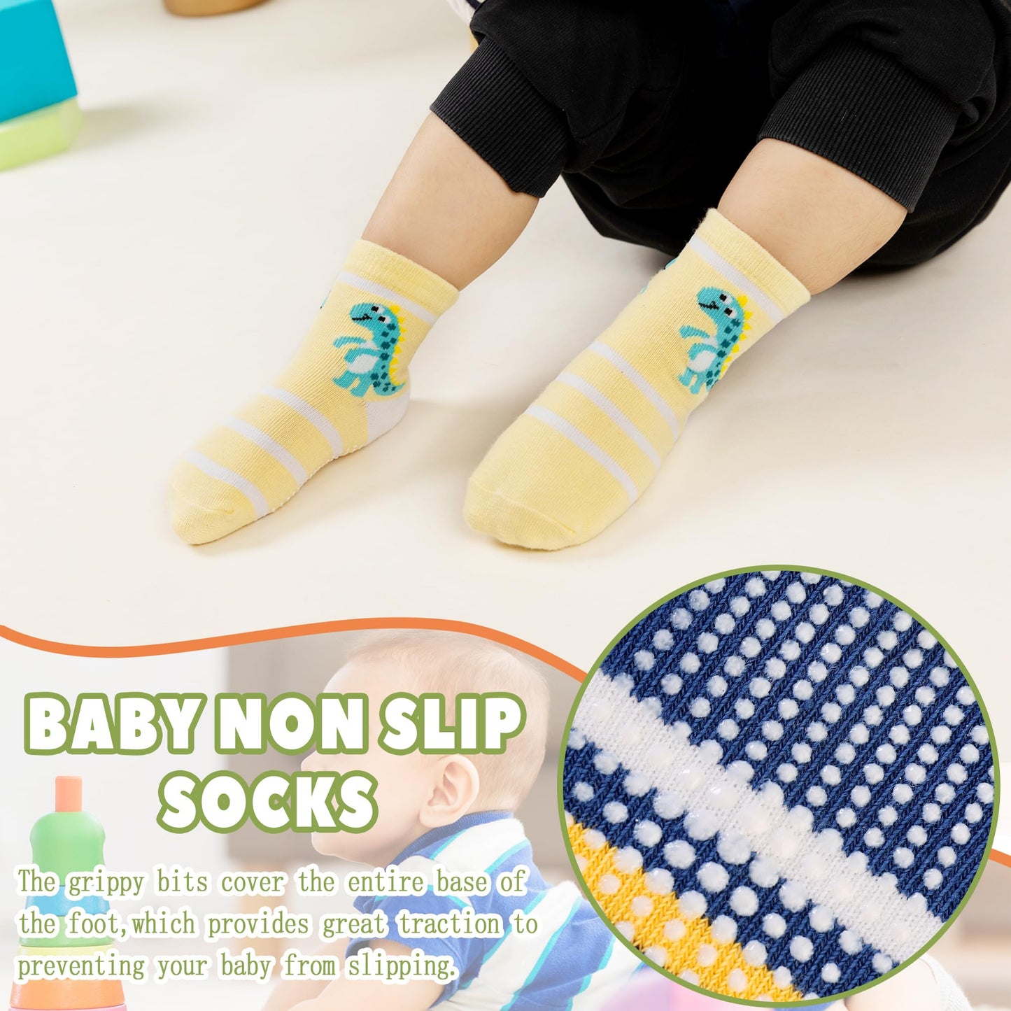 Toddler Non Slip Grips Socks Kids Anti Skid Baby Boys Girls Cotton Crew Socks 12 Pairs