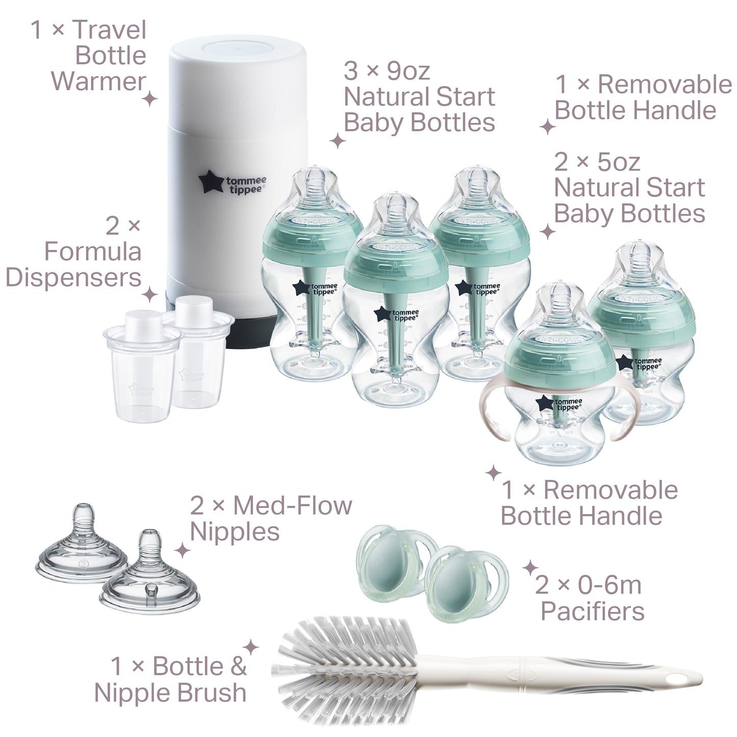 Tommee Tippee Advanced Anti-Colic 12 Piece Set, 5 oz and 9 oz BPA Free Bottles, Newborn 0+ Months, Includes Slow & Medium-Flow Breast-Like Nipples and Bottle Handles and Cleaning Brush