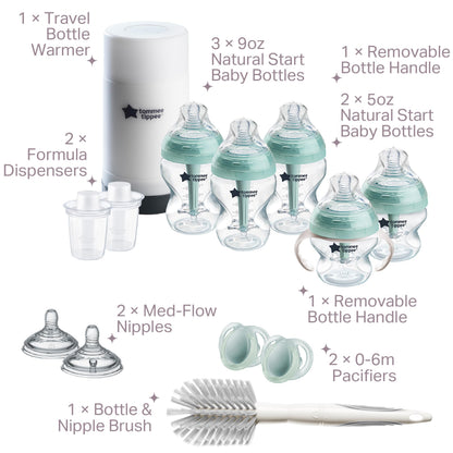 Tommee Tippee Advanced Anti-Colic 12 Piece Set, 5 oz and 9 oz BPA Free Bottles, Newborn 0+ Months, Includes Slow & Medium-Flow Breast-Like Nipples and Bottle Handles and Cleaning Brush