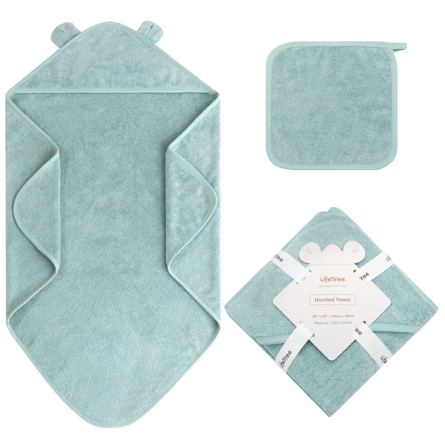 LifeTree 1 Pack Baby Hooded Towel with 1 Pack Washcloth for Newborn, 100% Cotton Bath Towel for Babies, Infant, Toddler and Kids, Thick,Soft and Absorbent, 30 * 30 Inches, Newborn Essentials, Pink