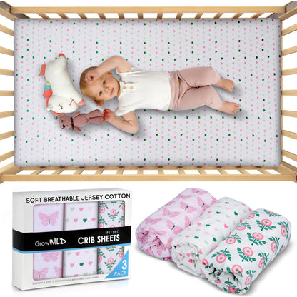 GROW WILD Unicorns & Rainbows Fitted Crib Sheets Girl (3 Pack) - Soft Jersey Cotton Fitted Sheet, Toddler Bed Mattress & Baby Crib Bedding Set for Girls, Baby Girl Nursery Crib - Pink, Purple & White