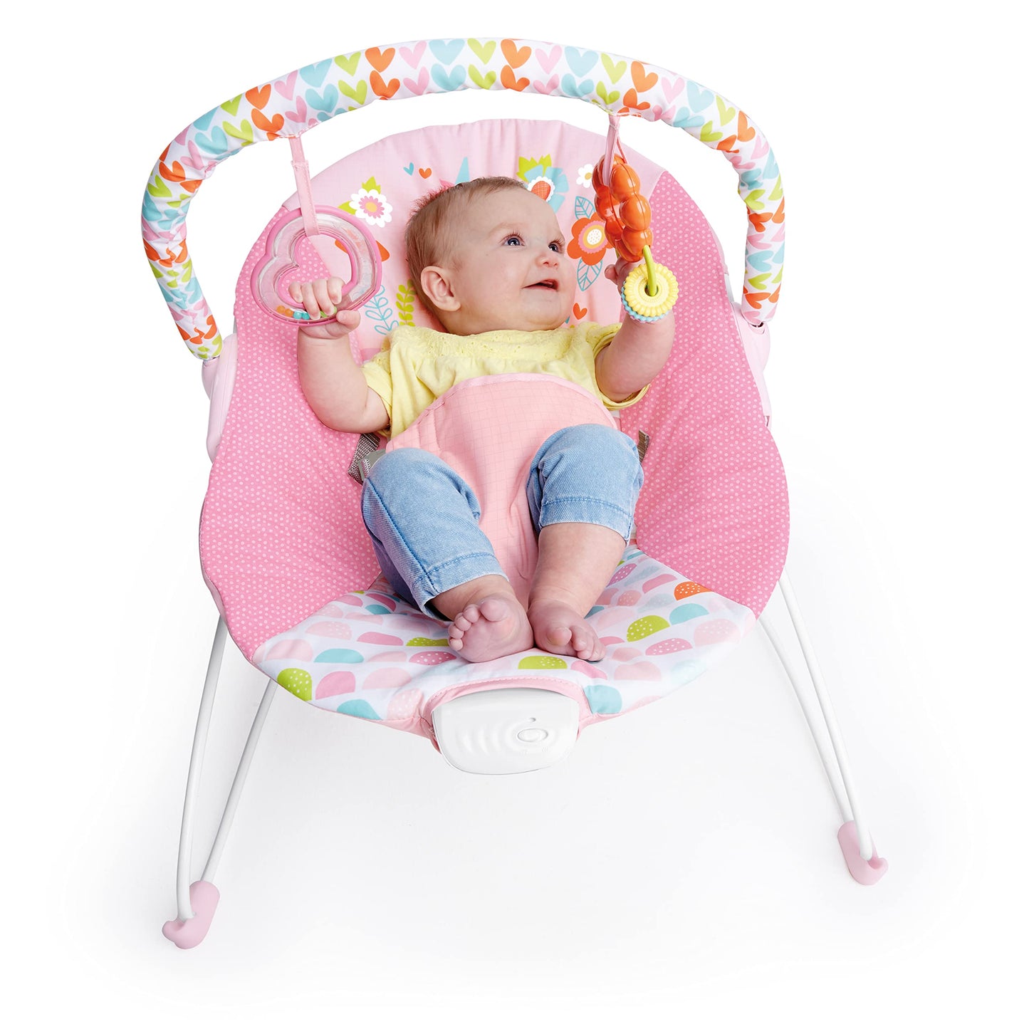 Bright Starts Baby Bouncer Soothing Vibrations Infant Seat - Removable -Toy Bar, Nonslip Feet, 0-6 Months Up to 20 lbs (Safari Fun)