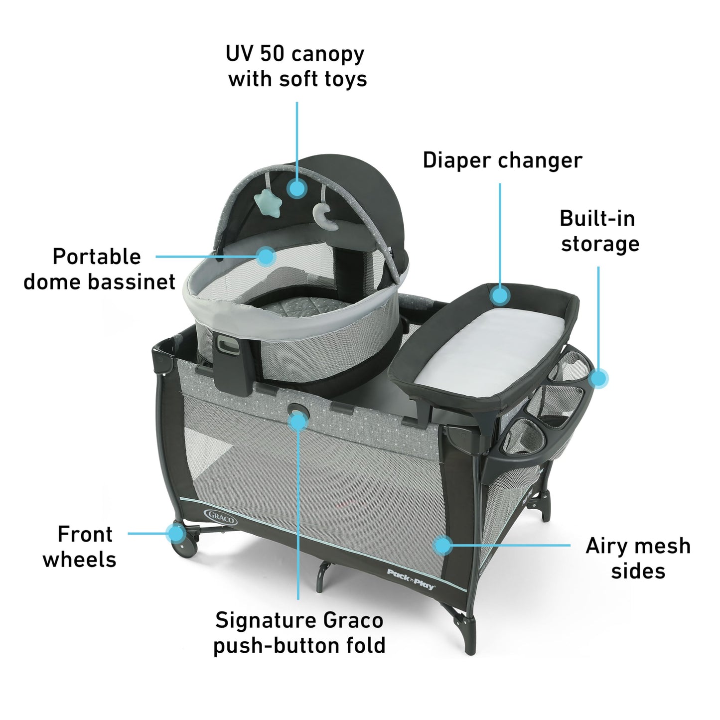 Graco® Pack n Play Dome LX Playard with Baby Bassinet Lightweight Portable Crib Push-Button Fold Travel Crib Redmond Convertible
