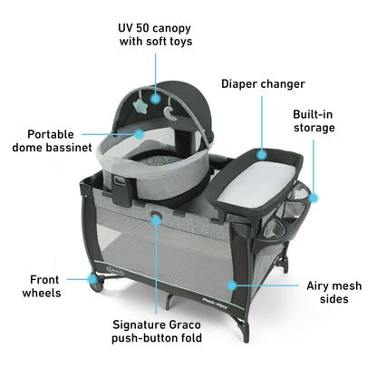 Graco® Pack n Play Dome LX Playard with Baby Bassinet Lightweight Portable Crib Push-Button Fold Travel Crib Redmond Convertible