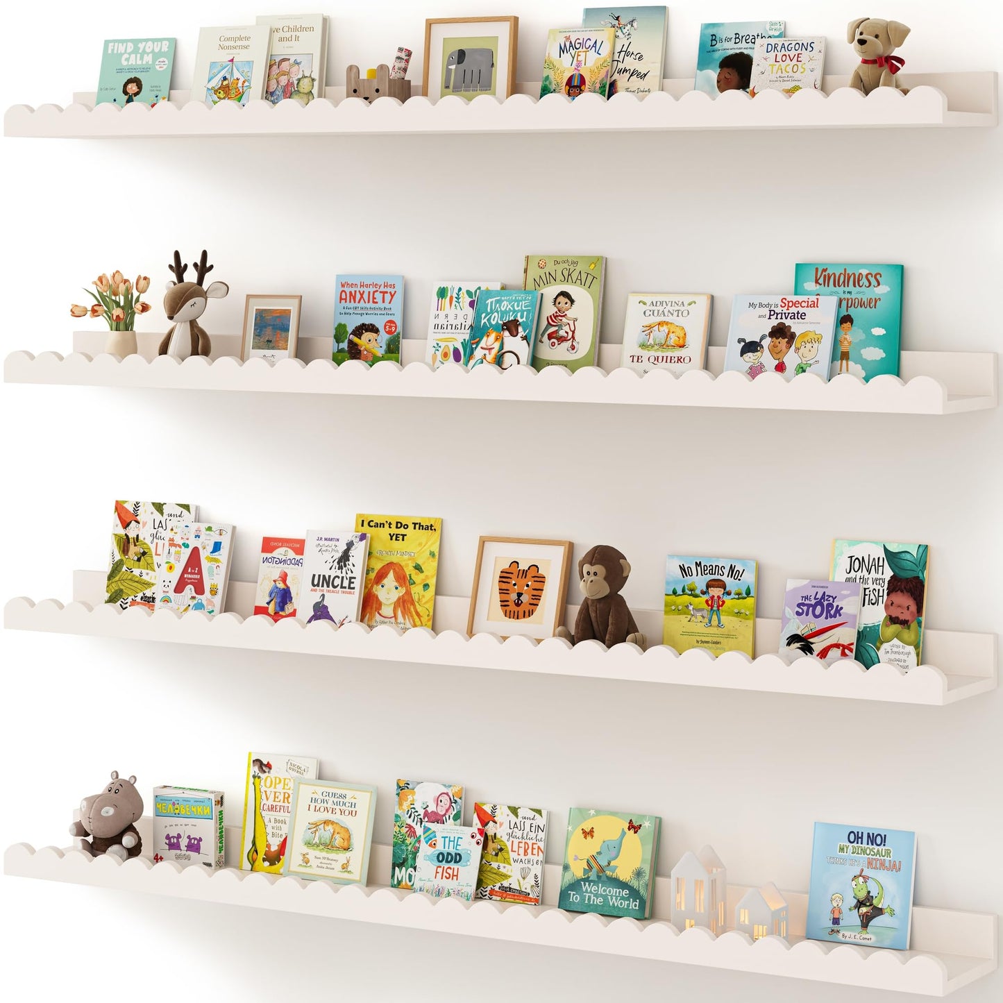 Shario Nursery Book Shelves, 4-Pack White Floating Shelves for Wall Kids, Scalloped Shelves, Wall Book Shelves for Bedroom Kids, Toddler Room, Baby Room, Nursery Decor