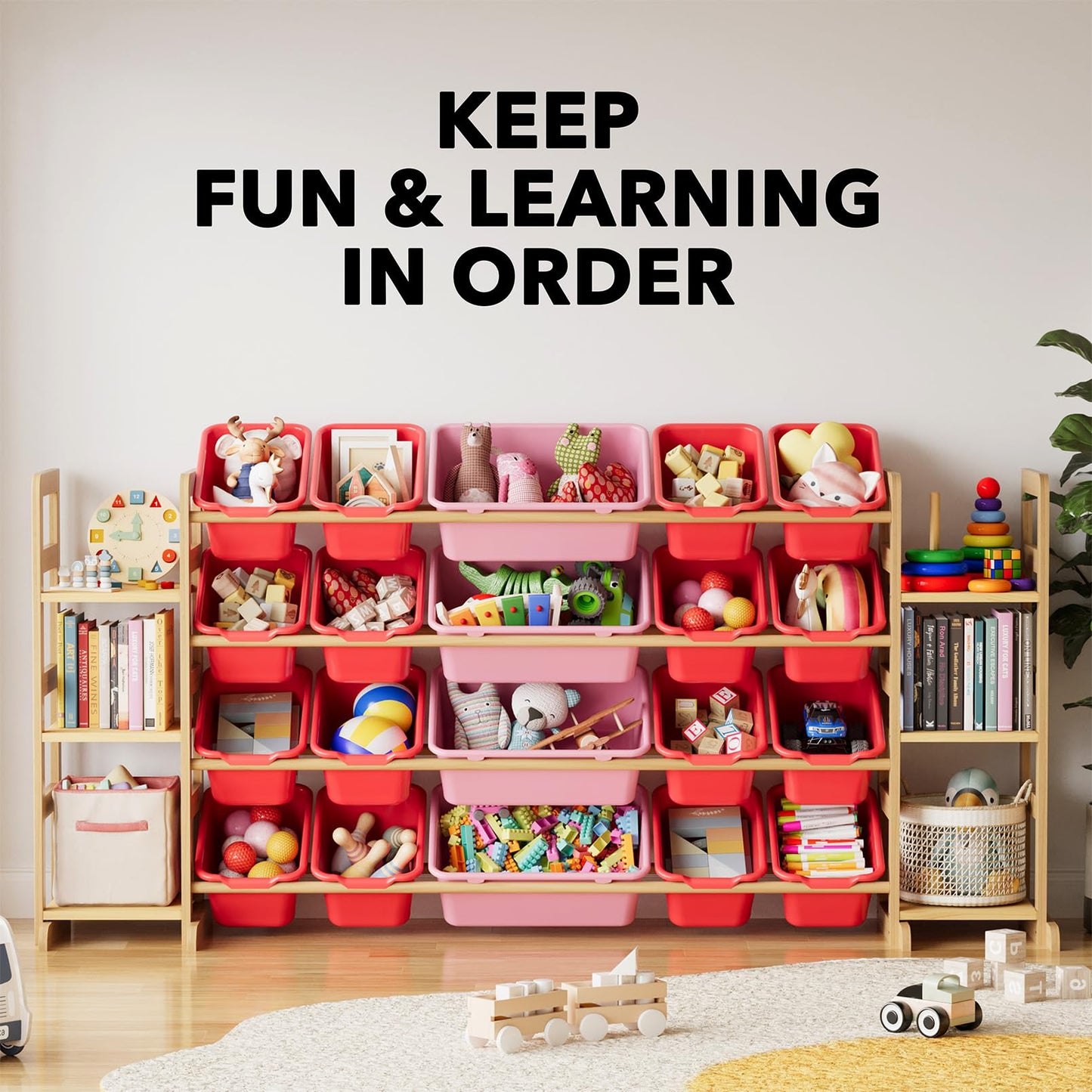 SpaceAid Toy Storage Organizer with 6 Shelves and 12 Bins, Bookshelf/Bookcase, Kids Bin Shelf, Toys Box for Playroom Organization for Bedroom & Room Decor, White, 52.3" W