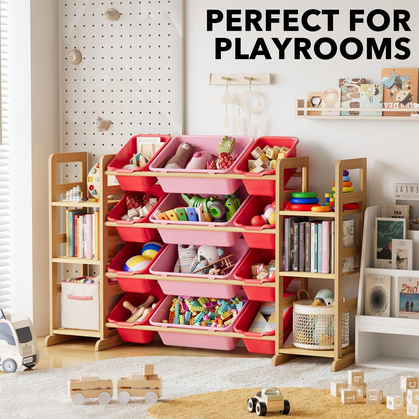 SpaceAid Toy Storage Organizer with 6 Shelves and 12 Bins, Bookshelf/Bookcase, Kids Bin Shelf, Toys Box for Playroom Organization for Bedroom & Room Decor, White, 52.3" W