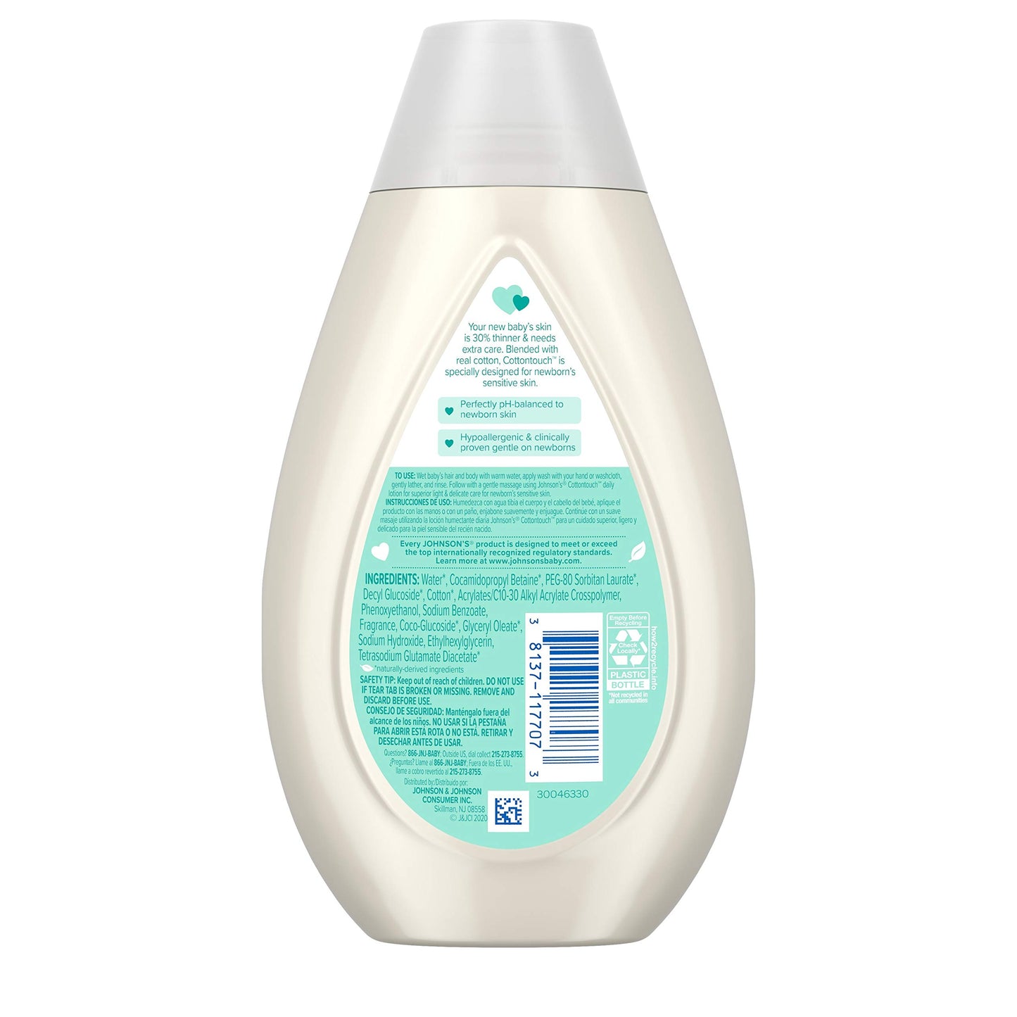 Johnson's CottonTouch Newborn Baby Body Wash & Shampoo, Gentle & Tear-Free, Made with Real Cotton, Gently Washes Away Dirt & Germs, for Sensitive Skin, Baby Essentials, 13.6 fl. oz