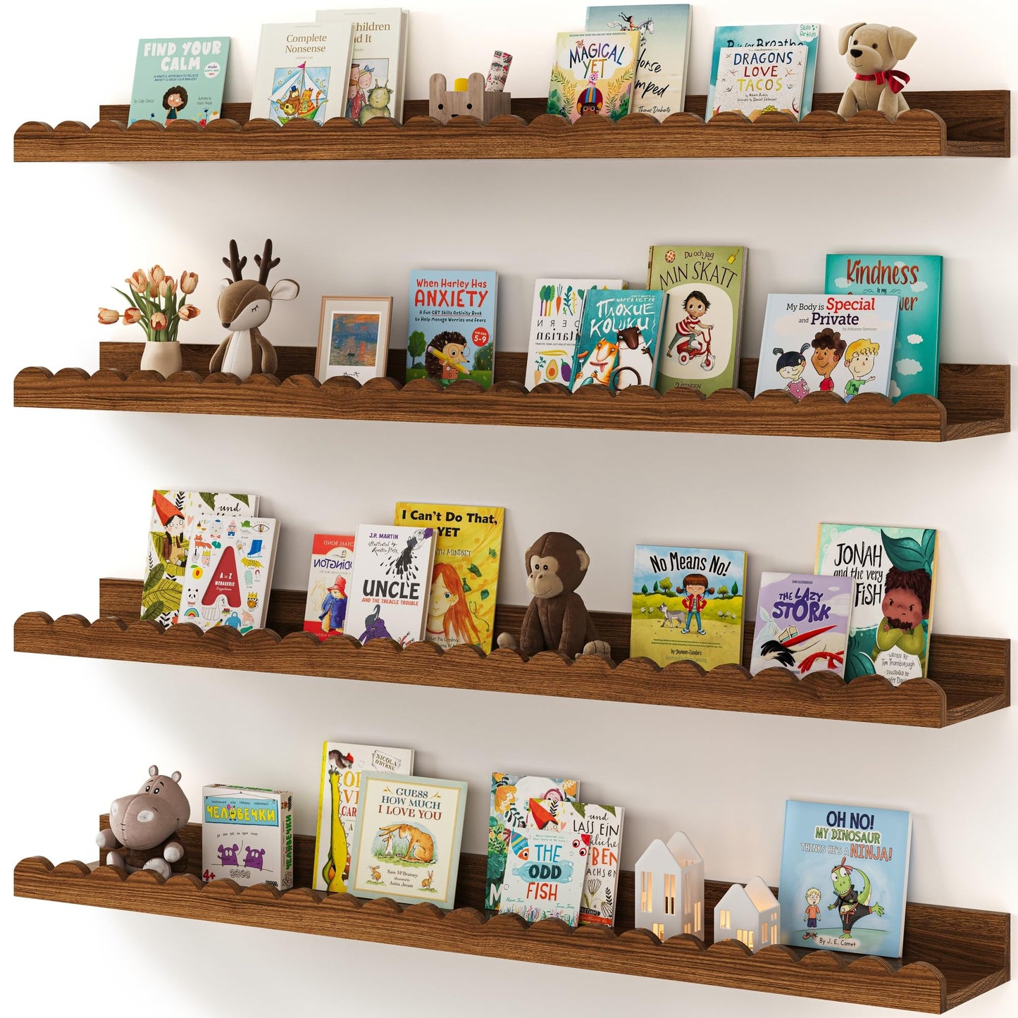 Shario Nursery Book Shelves, 4-Pack White Floating Shelves for Wall Kids, Scalloped Shelves, Wall Book Shelves for Bedroom Kids, Toddler Room, Baby Room, Nursery Decor