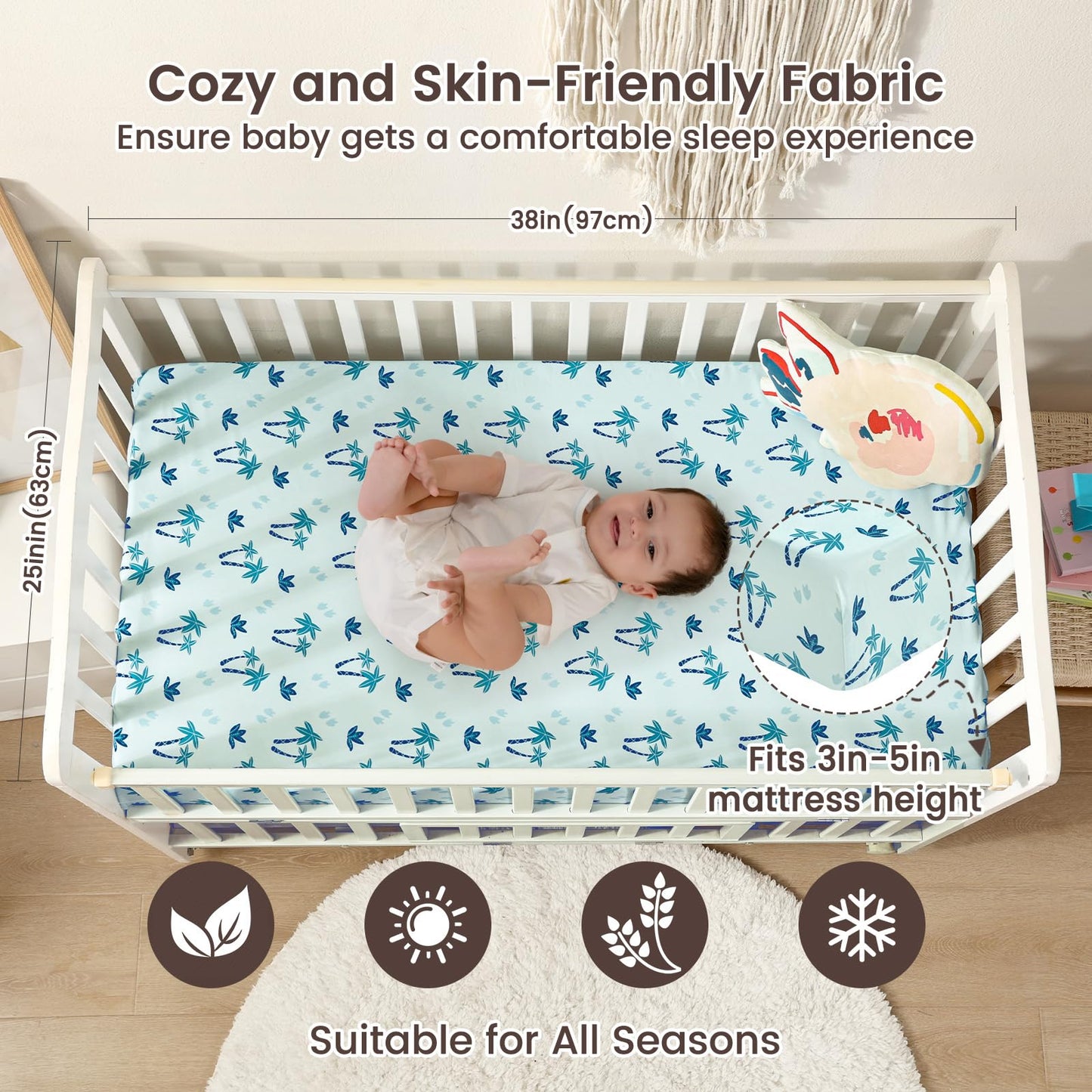 david's kids 3 Pack Fitted Crib Sheets, Ultra Soft Breathable Comfortable Baby Sheet Set for Boys Girls Neutral, 28x52 Inch Fits Standard Crib and Toddler Mattresses, Dinosaur